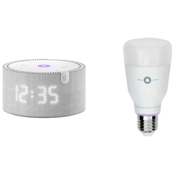 Яндекс Станция Мини 2 с часами белый + Яндекс лампочка Bulb E27 Яндекс YNDX-00018
