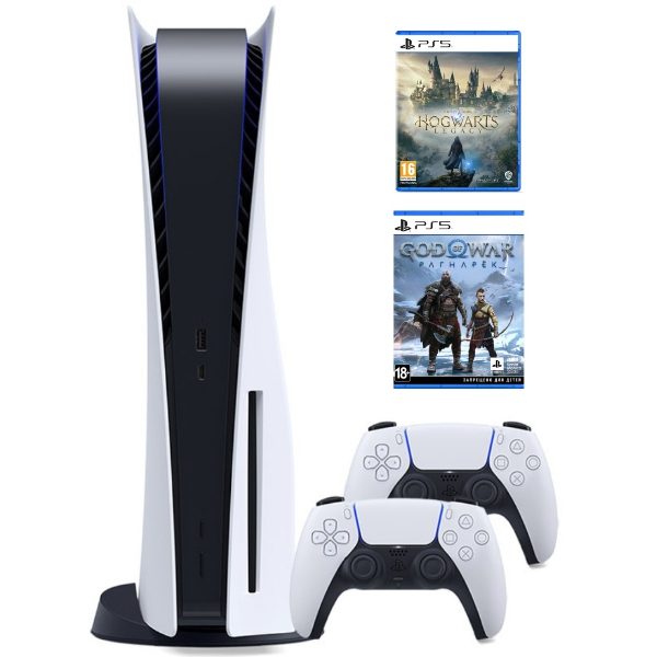 Sony PlayStation 5 + геймпад Dualsense White + Hogwarts Legacy (PS5) + God of War Ragnarök (PS5)